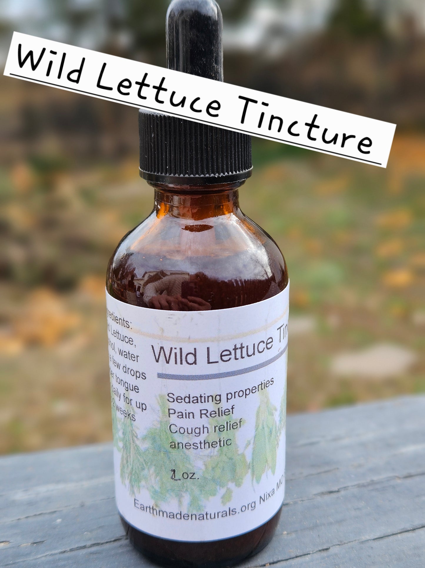 Bottle of Wild Lettuce Tincture with a blurred natural background