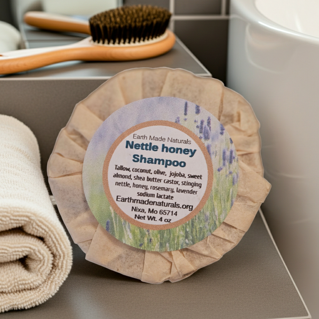 Bar of shampoo with a label on a bathroom counter