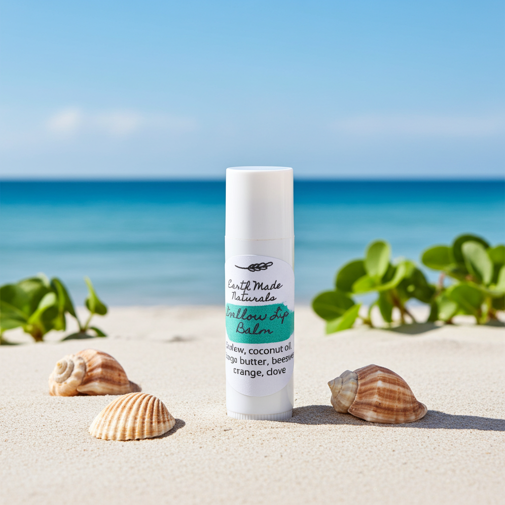 Lip balm on a sandy beach with seashells and ocean view