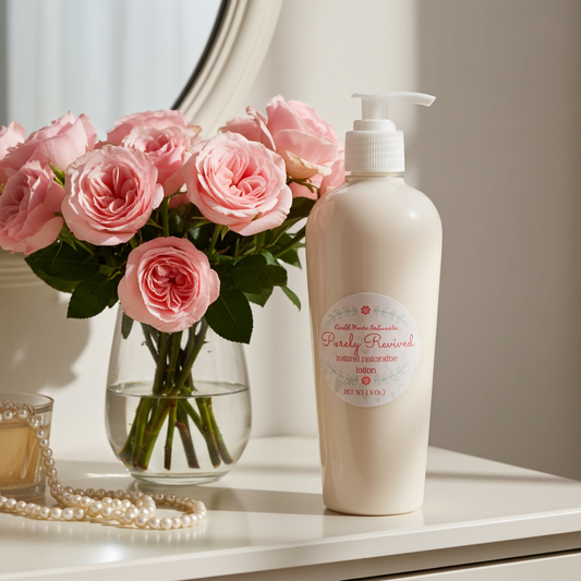 a pump bottle of Earth Made Naturals Purely Revived natural restorative lotion on a table with roses.