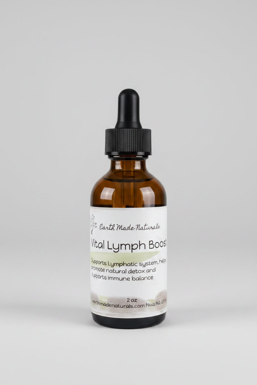 A 2 oz amber glass dropper bottle of Vital Lymph Booster by Earth Made Naturals, resting on a dark countertop with a blurred kitchen background.