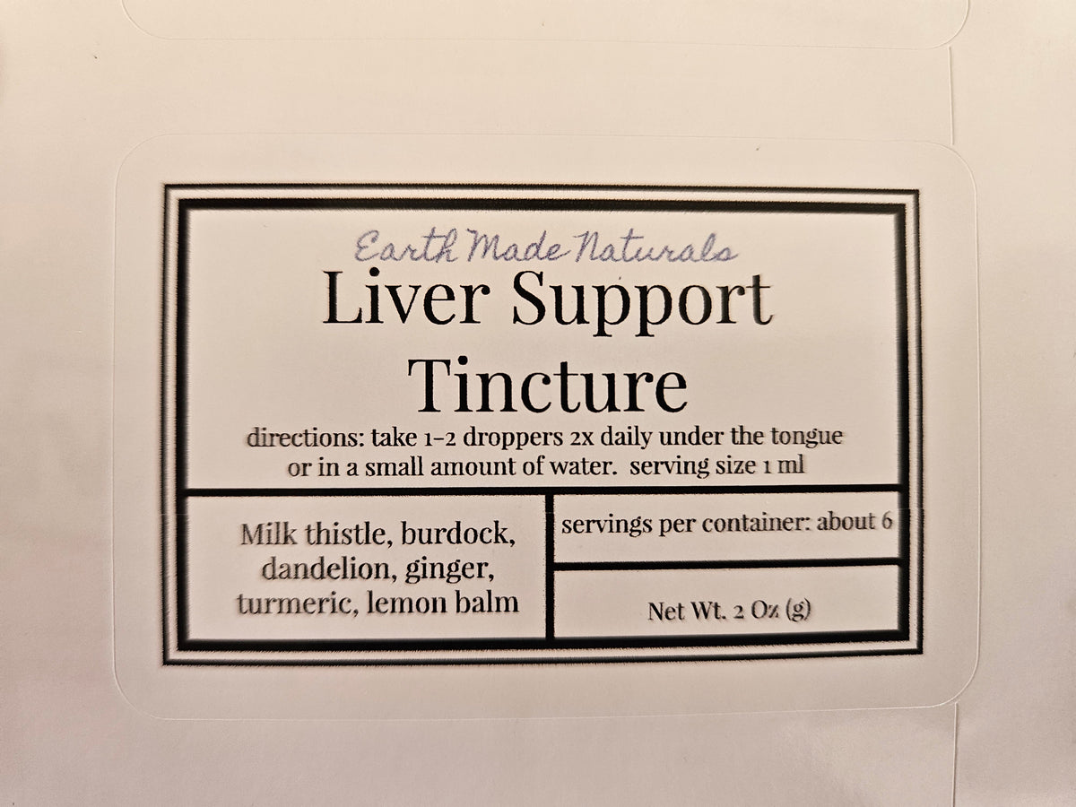A square product label for Earth Made Natural Liver Support Tincture, showing black text on a white background with a thin black border.
