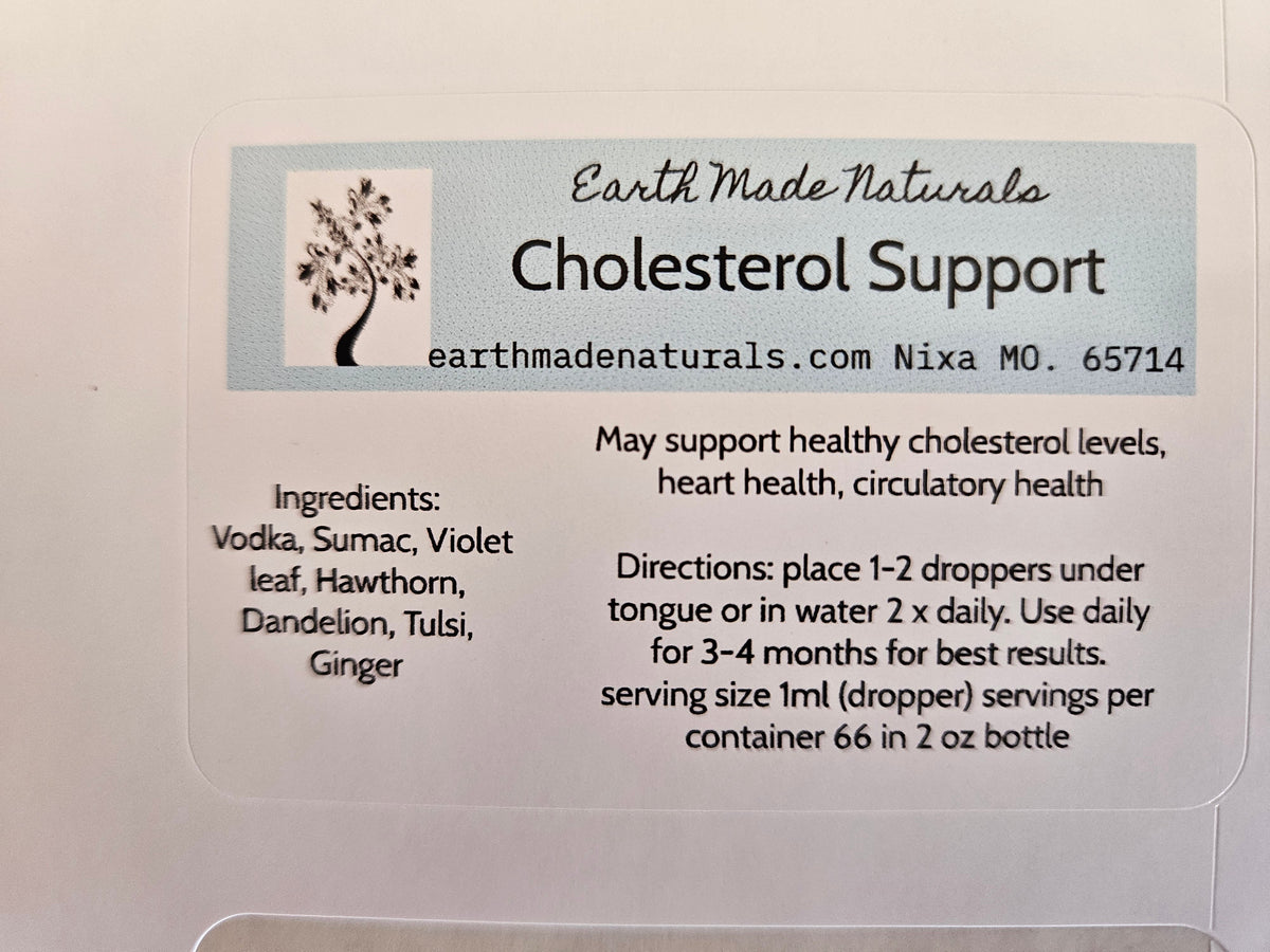 A close-up of a white rectangular product label with black text and a light blue vertical panel. The label reads EarthMade Naturals, Cholesterol Support, with ingredients and directions visible.