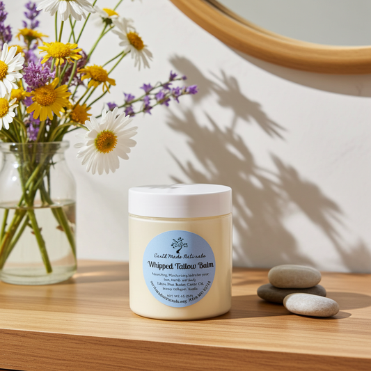 Jar of whipped tallow balm on a wooden surface with flowers and stones in the background