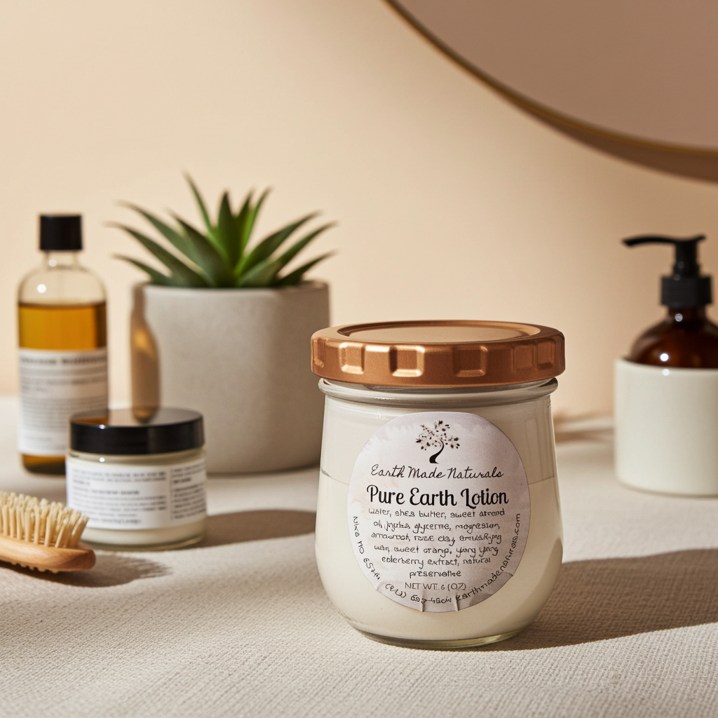 Jar of 'Pure Earth Lotion' with other natural products on a neutral background