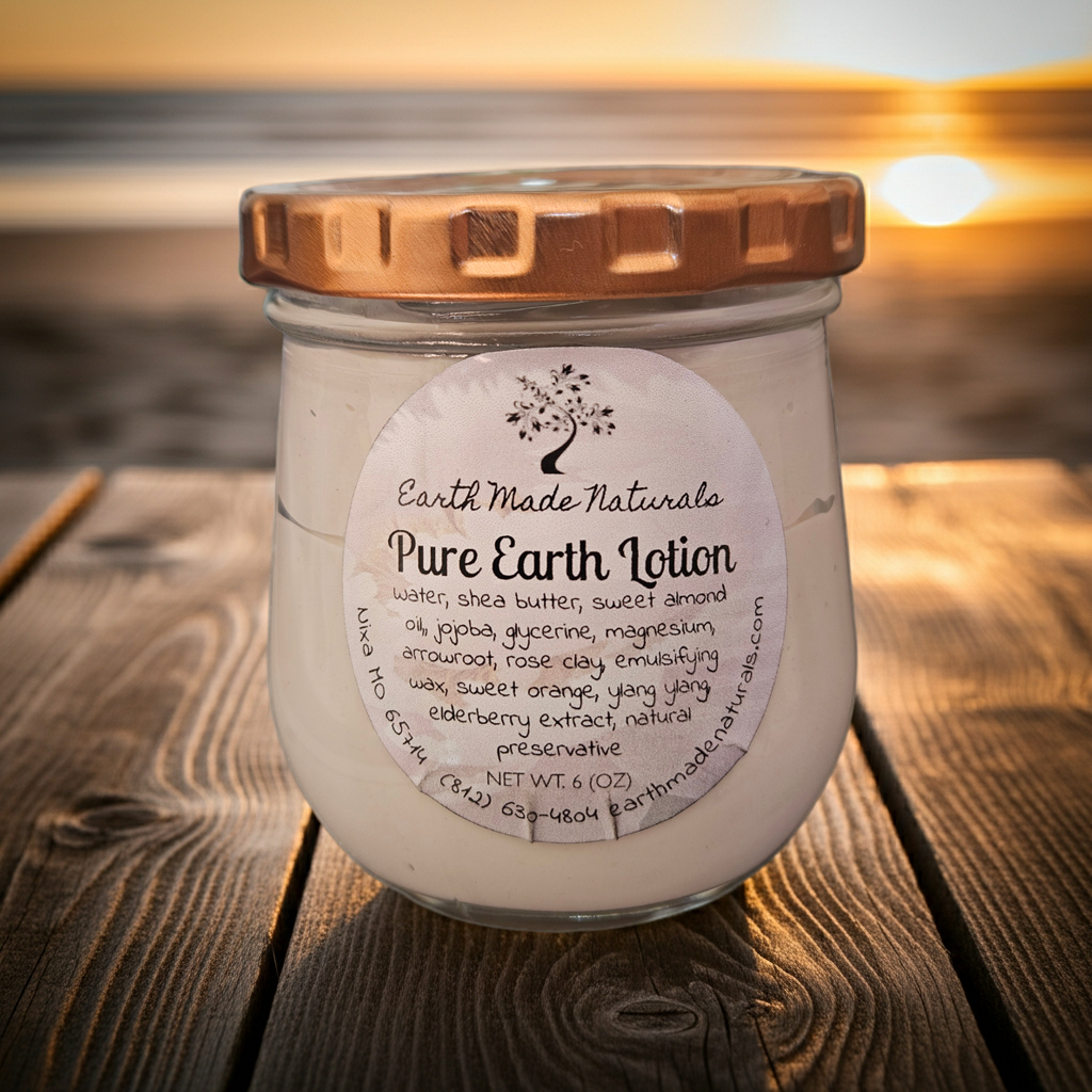 Jar of Earth Made Naturals Pure Earth Lotion on a wooden surface with a sunset background
