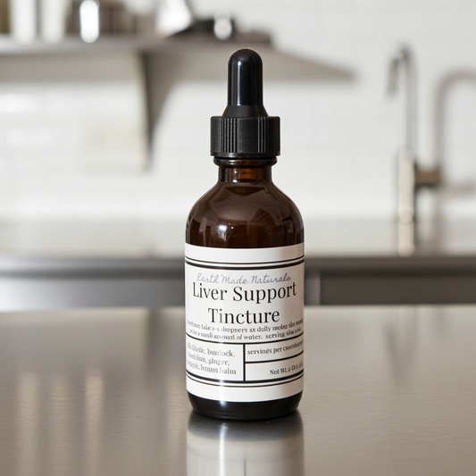 An amber glass dropper bottle of Liver Support Tincture with a black dropper cap and a white label, set on a reflective metallic surface with a blurred kitchen background.