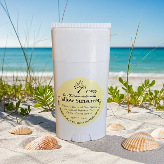 Tallow Sunscreen stick with beach and ocean background