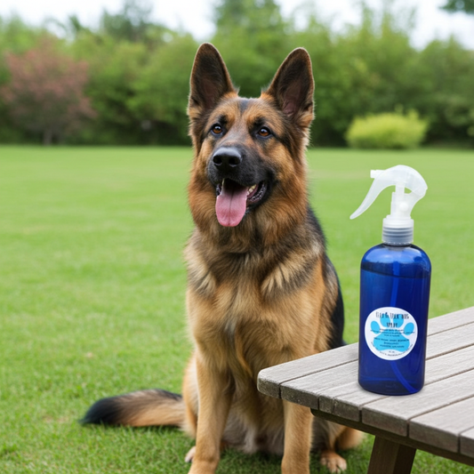 German Shepherd sitting outdoors with  bottle of Flea and Tick spray on a wooden table