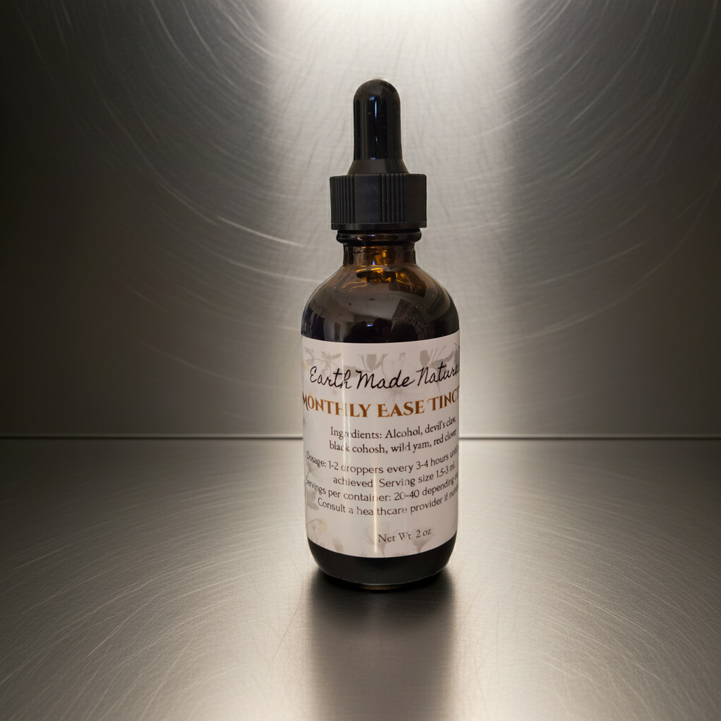 Monthly ease tincture in  bottle with dropper on a metallic surface