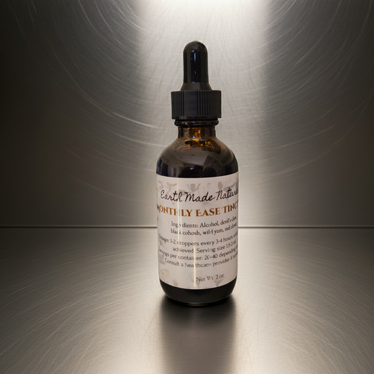 Monthly ease tincture in  bottle with dropper on a metallic surface