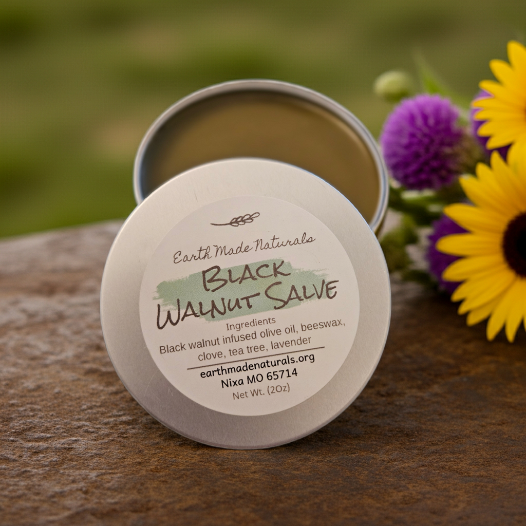 Open tin of Earth Made Naturals Black Walnut Salve with flowers in the background