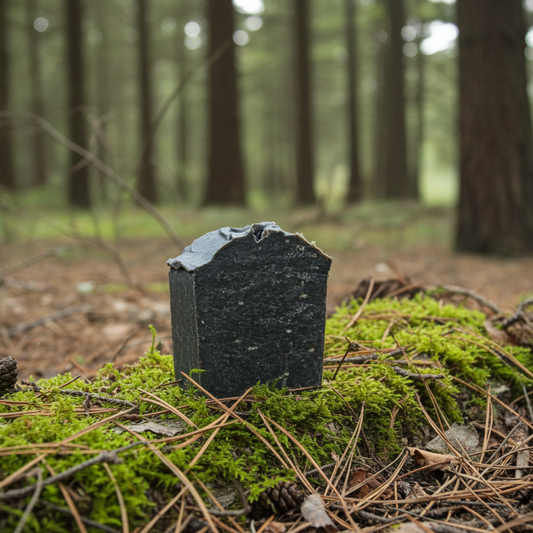 Pine Tar soap on a bed of moss in a forest setting