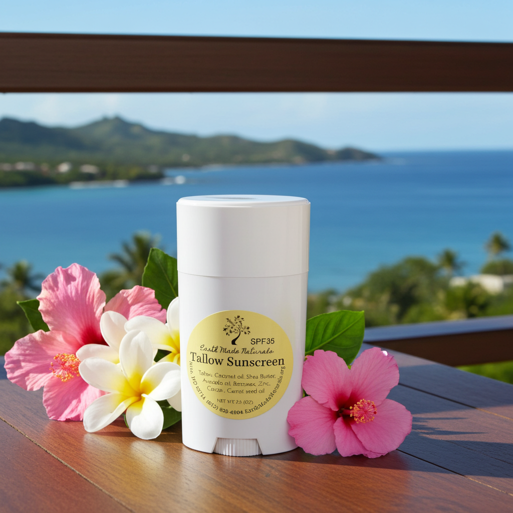 Tallow Sunscreen container with flowers on a wooden surface overlooking a scenic ocean view.