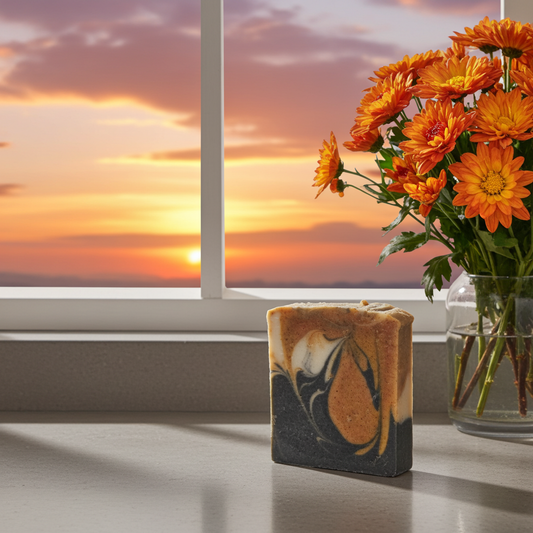 Bar of soap with marbled design and a vase of orange flowers on a windowsill with a sunset view.