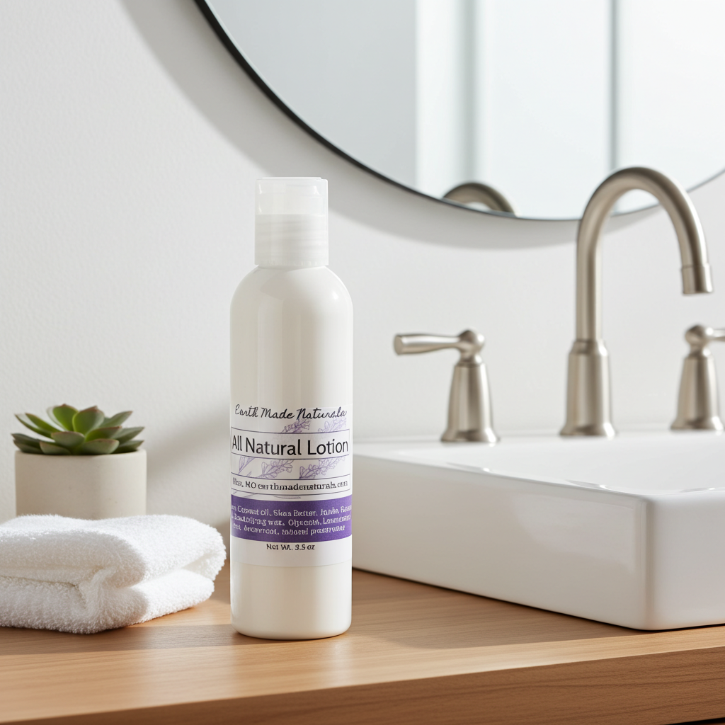 Bottle of all-natural lotion on a bathroom counter with a sink and mirror in the background.
