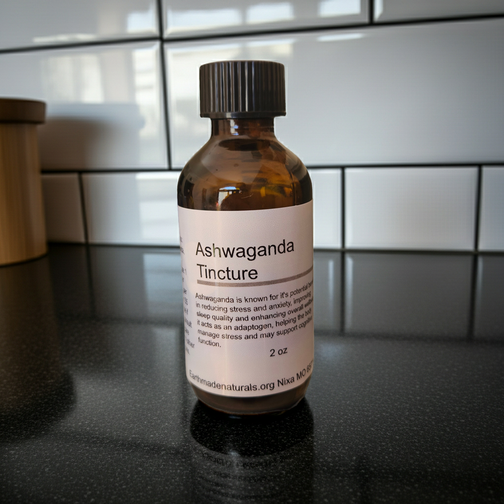 Bottle of Ashwaganda Tincture on a kitchen counter with tiled wall in the background