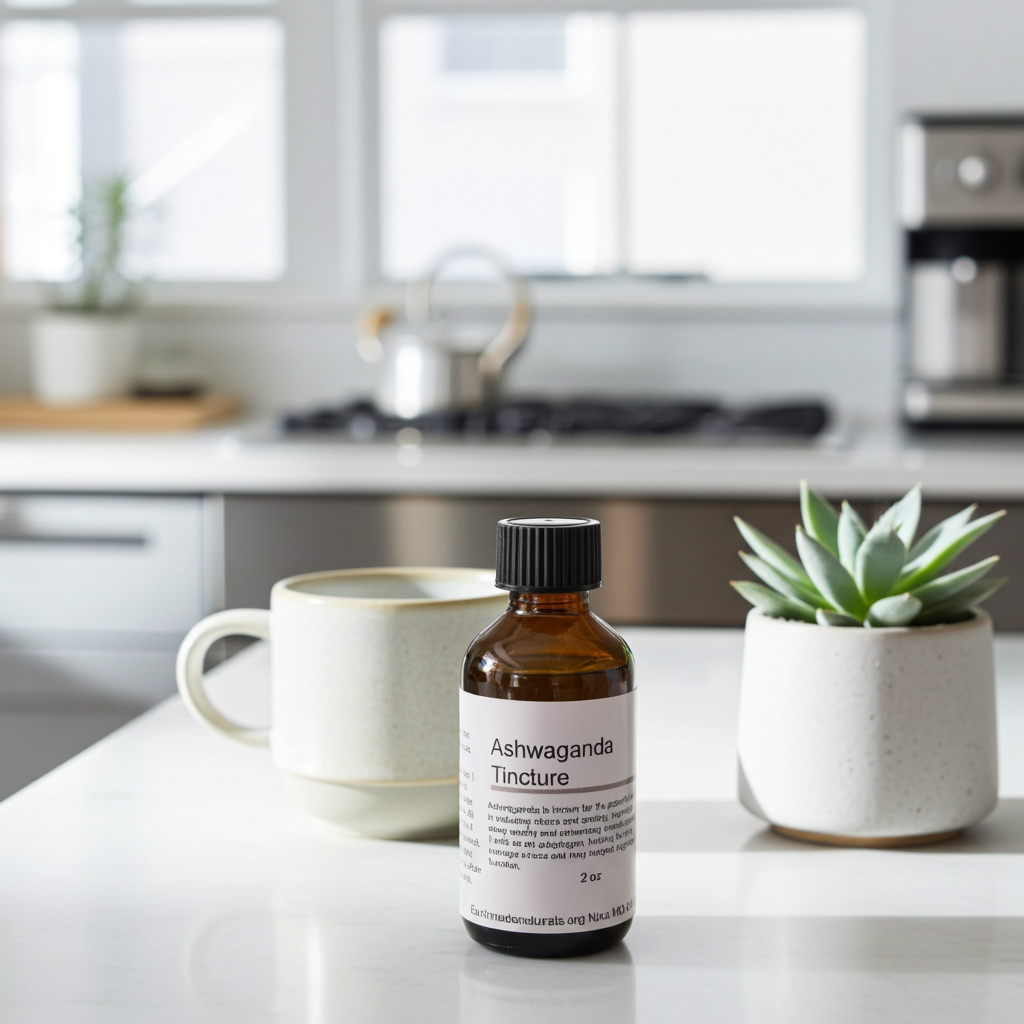 Bottle of Ashwagandha Tincture on a kitchen counter with a mug and plant.