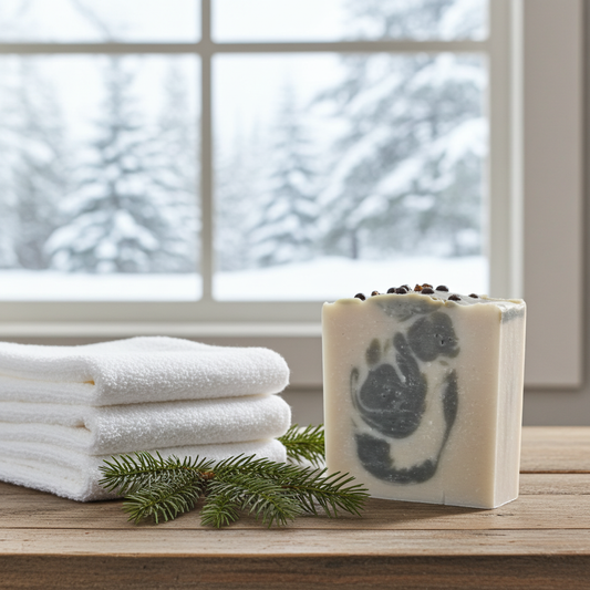 Bar of soap with natural design on a wooden surface, with white towels and greenery in the background.