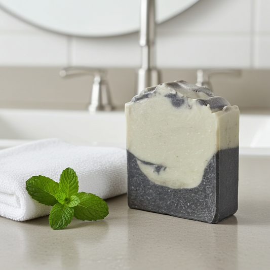 Avocado charcoal soap with a towel and mint sprig