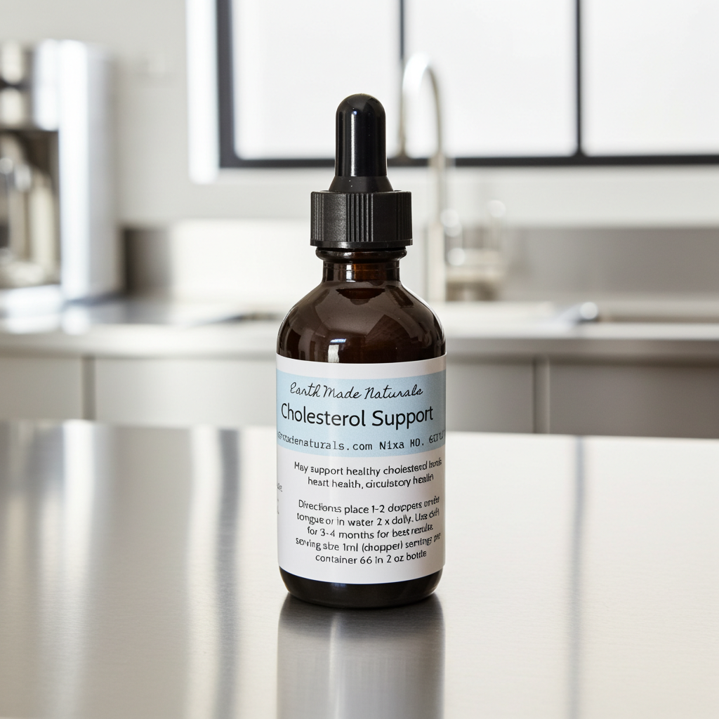 An amber glass dropper bottle labeled 'Earth Trade Naturals Cholesterol Support' standing on a reflective countertop with a blurred kitchen background.
