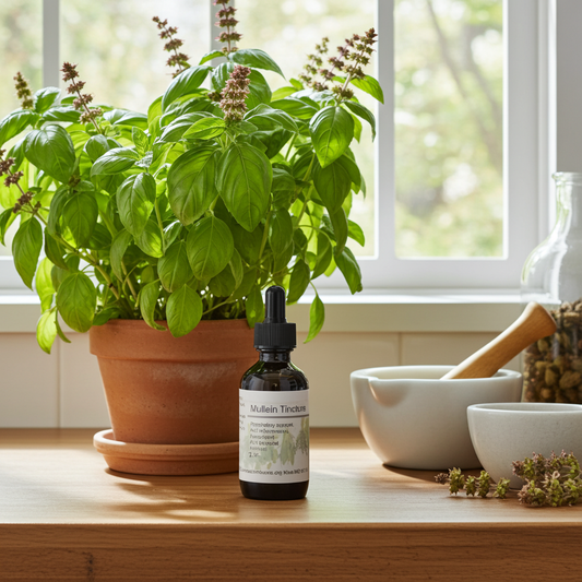 Bottle of tincture next to a potted basil plant on a wooden surface with a window in the background.