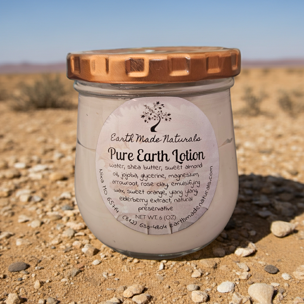Jar of Earth Made Naturals Pure Earth Lotion on a desert background
