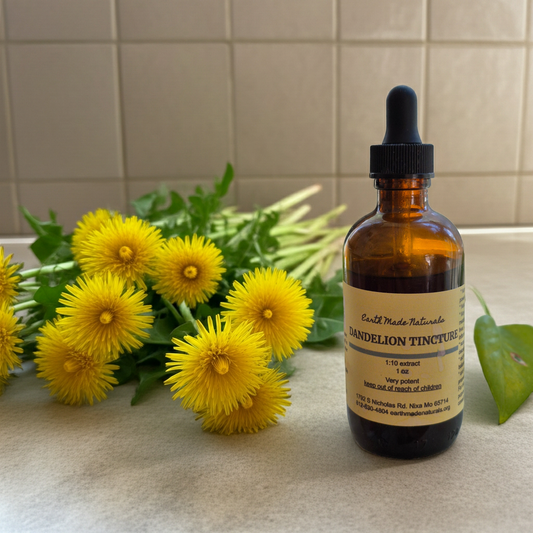 Bottle of dandelion tincture with fresh dandelion flowers on a tiled surface