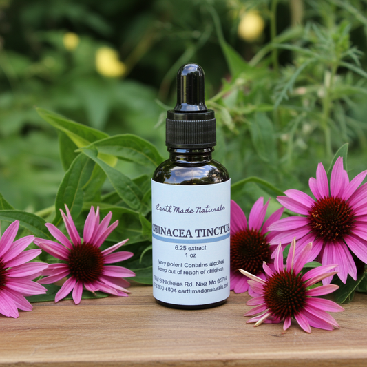 Bottle of Echinacea Tincture with pink flowers on a wooden surface