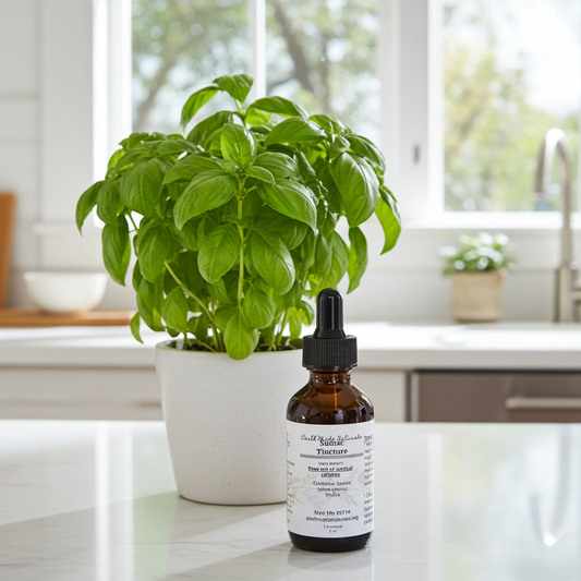 Bottle of Sumac tincture on a kitchen counter with a plant in the background