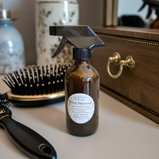 Brown spray bottle labeled 'Root Revival' on a surface with grooming tools in the background.