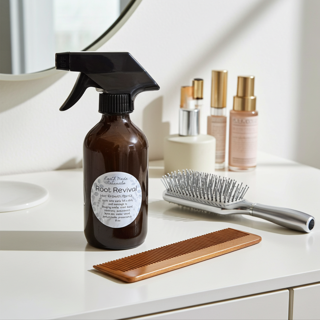 Brown spray bottle labeled 'Root Revival' on a bathroom counter with a comb and brush.
