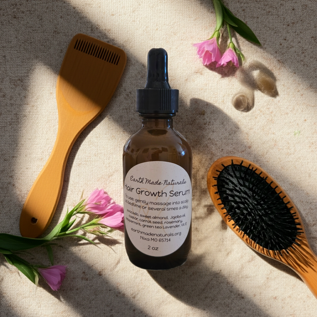 Hair growth serum bottle with a wooden brush and flowers on a textured surface