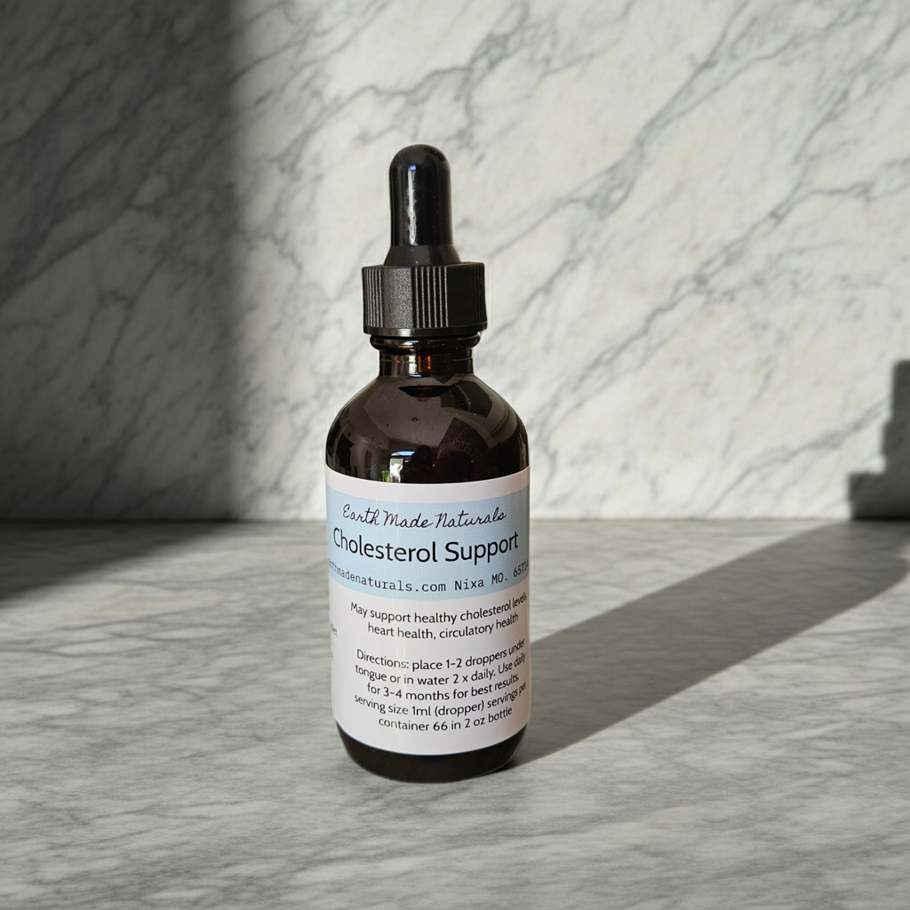 An amber glass dropper bottle of Earth Made Naturals Cholesterol Support liquid supplement, set on a gray marble surface with a matching marble background.