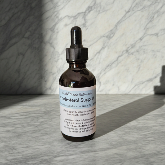 An amber glass dropper bottle of Earth Made Naturals Cholesterol Support liquid supplement, set on a gray marble surface with a matching marble background.