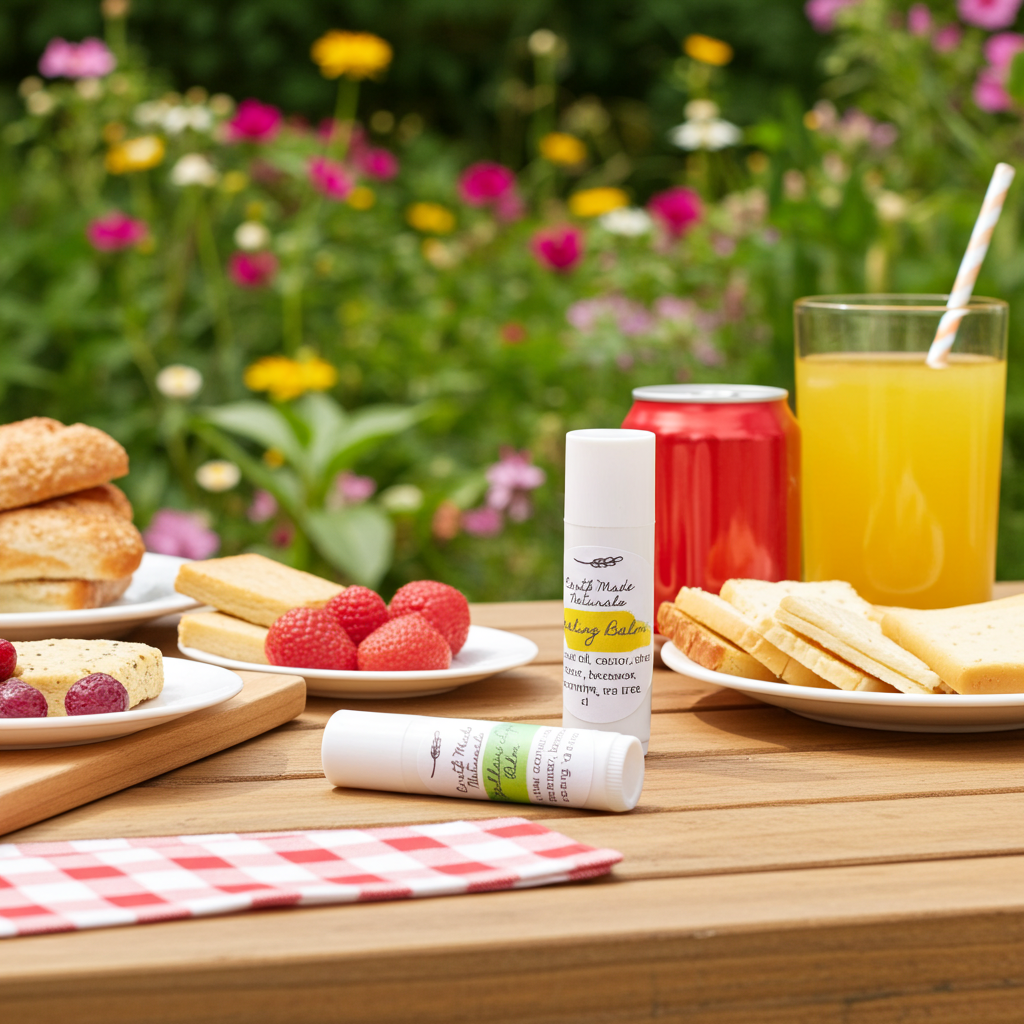 Tallow lip balm in an Outdoor setting with food and drinks on a wooden table, including sandwiches, raspberries, and drinks.