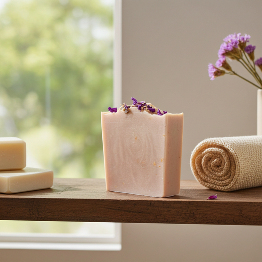 Bar of soap with lavender flowers on a wooden surface, with a towel and vase in the background.