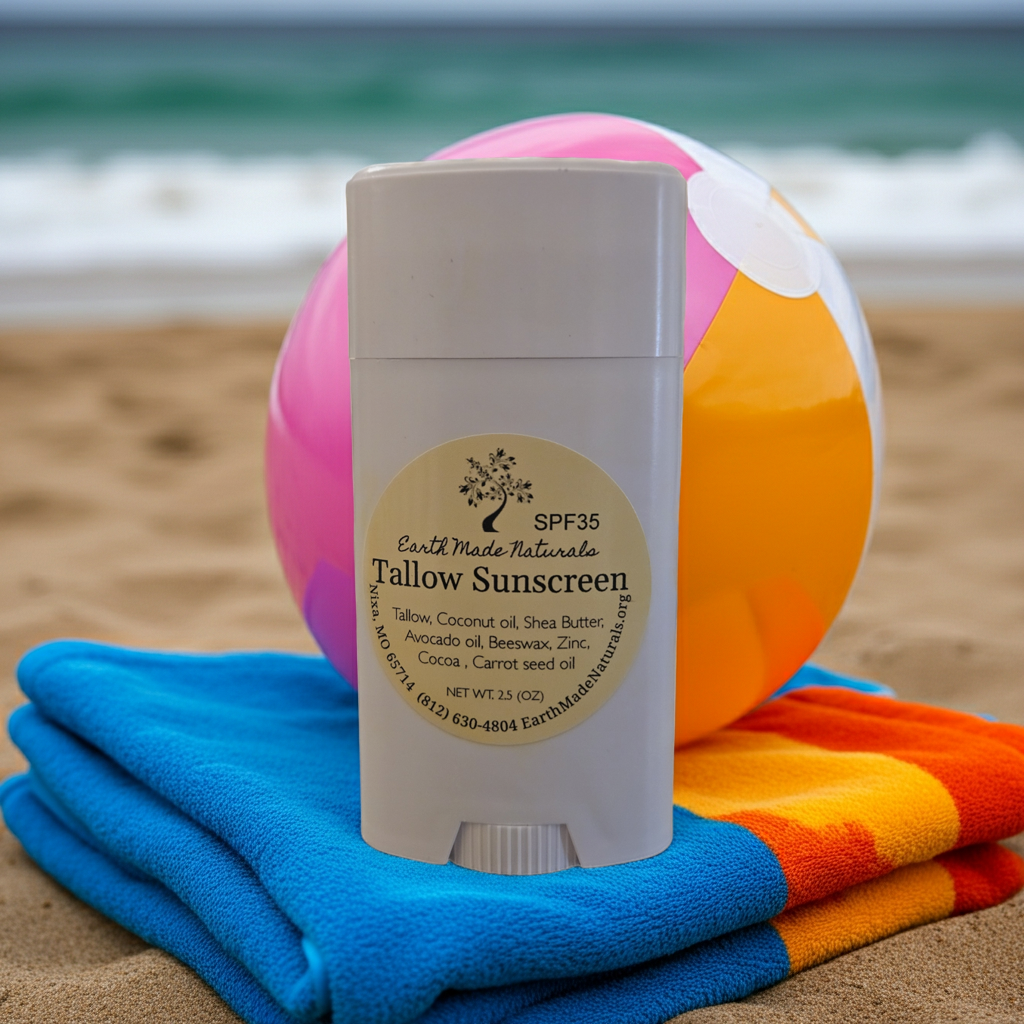 Tallow Sunscreen stick with beach ball and towels on sand