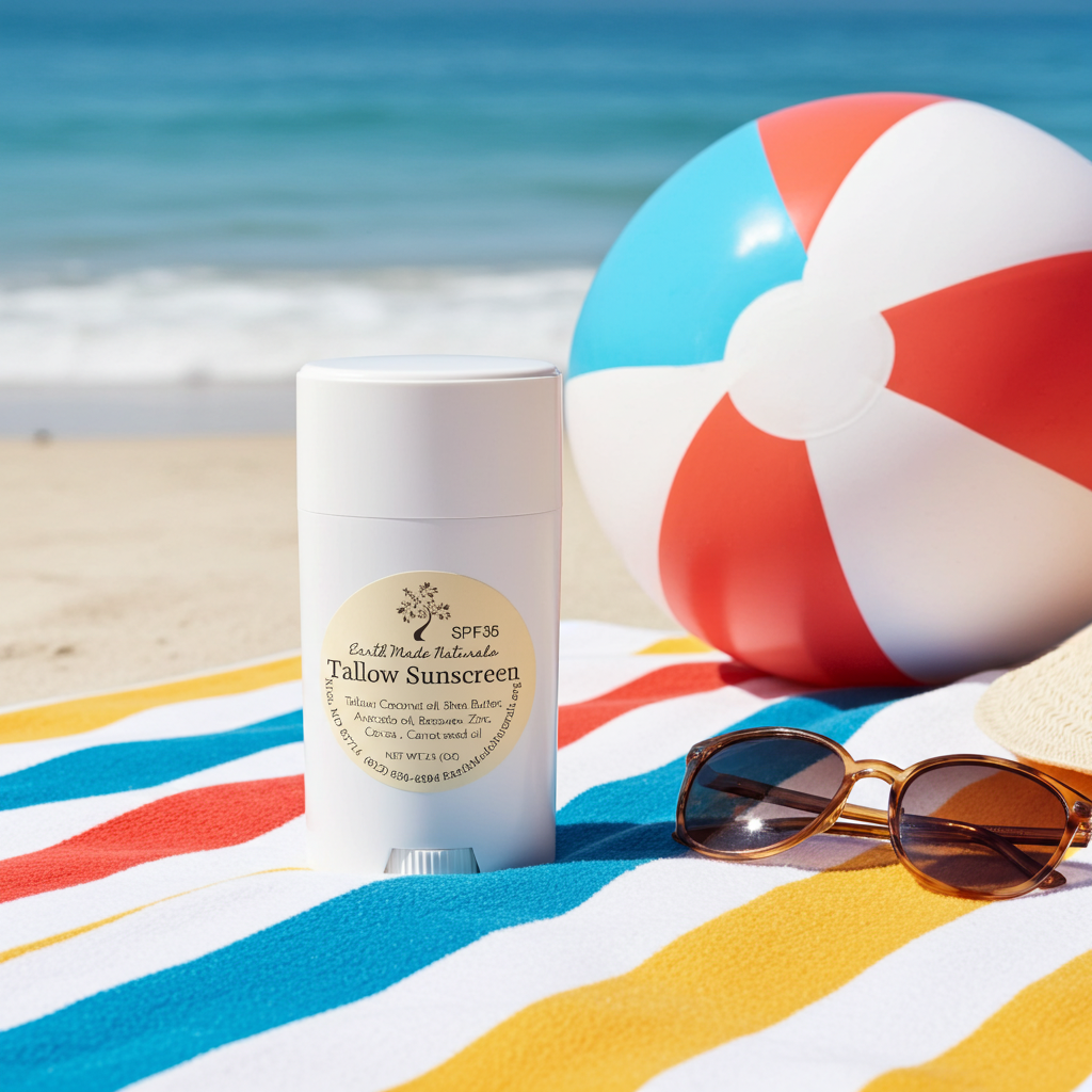 Tallow Sunscreen stick on a beach towel with a beach ball and sunglasses in the background