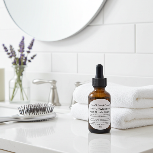 Hair growth serum bottle on a bathroom counter with a mirror and towels in the background