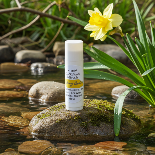 Lip balm on a rock with a yellow flower in the background