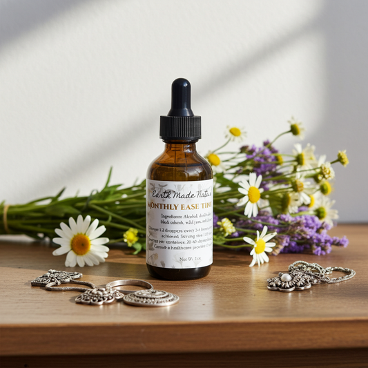Bottle of Earth Made Naturals Monthly ease product on a wooden surface with flowers and jewelry.