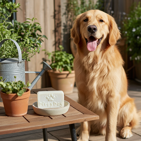Golden retriever sitting on a wooden deck with a bar of dog shampoo and plants and a water bowl.