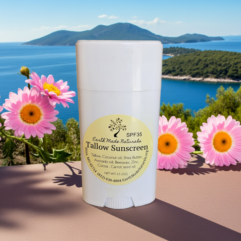 Tallow Sunscreen stick with flowers and a scenic background
