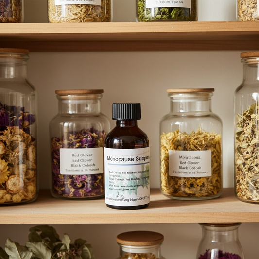 Shelf with jars of dried herbs and a bottle labeled 'Menopause Support' on a neutral background
