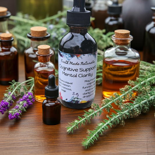 Bottles of Earth Made Naturals Cognitive supplement with herbs and flowers on a wooden surface