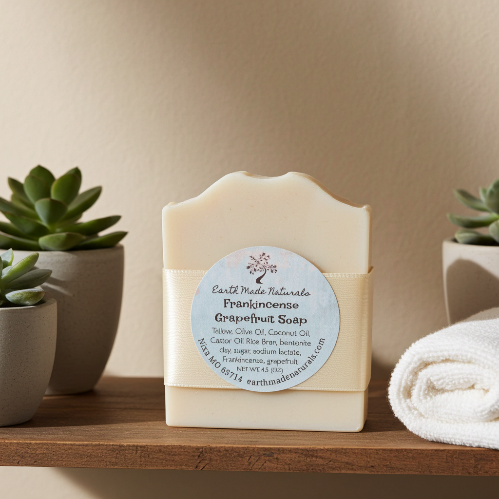 A bar of Earth Made Naturalis Frankincense Grapefruit Soap stands on a wooden shelf, flanked by potted succulents and a rolled white towel. The soap bar is cream-colored with a light blue circular label.