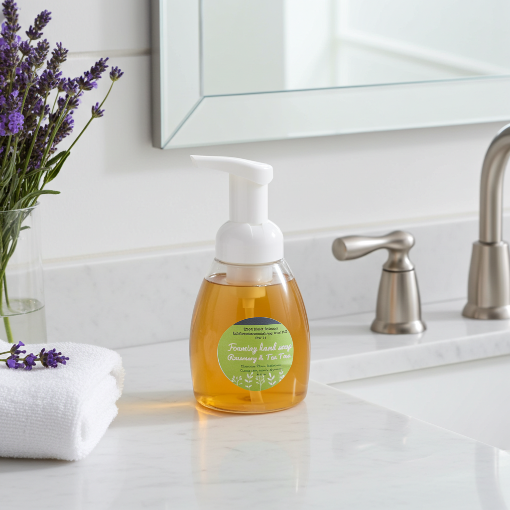 Foaming hand soap bottle on a bathroom counter with lavender flowers and a mirror in the background.