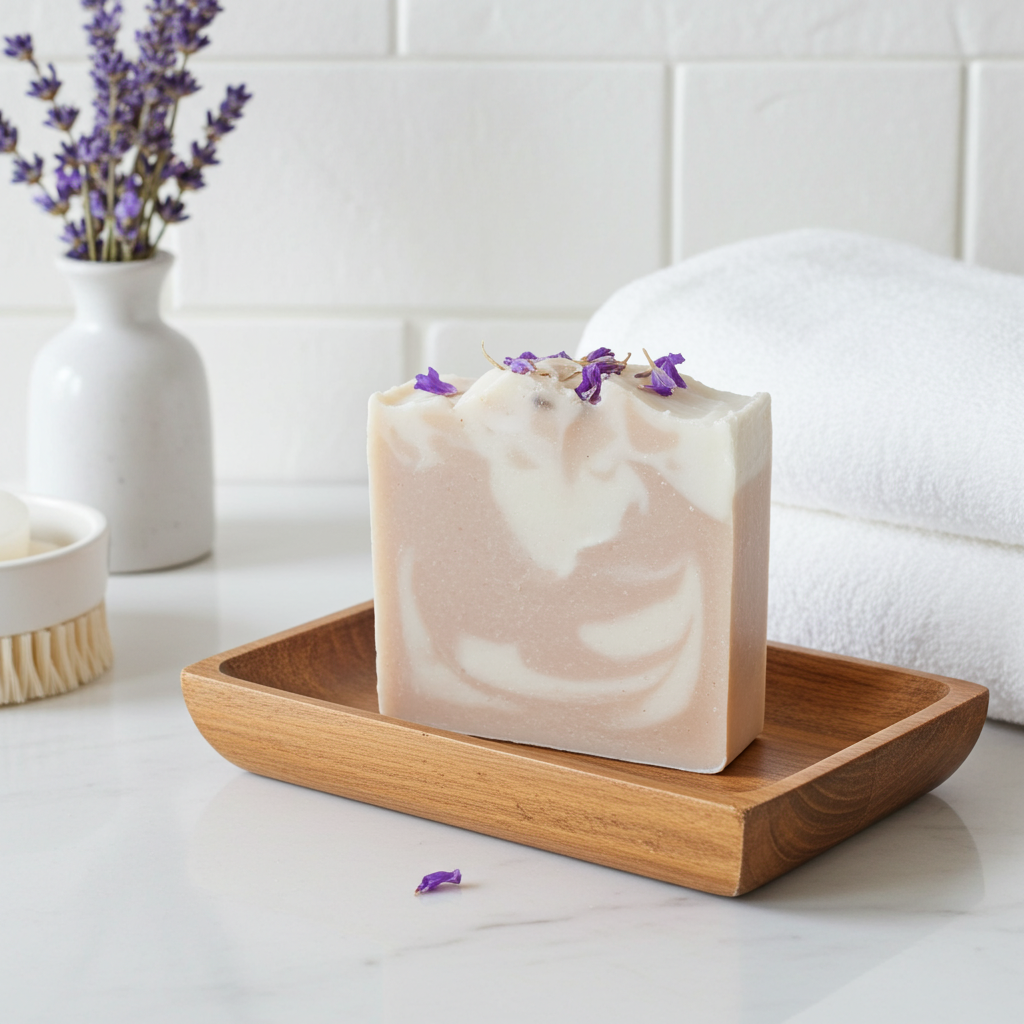 Bar of Vegan soap with lavender flowers on a wooden tray in a bathroom setting