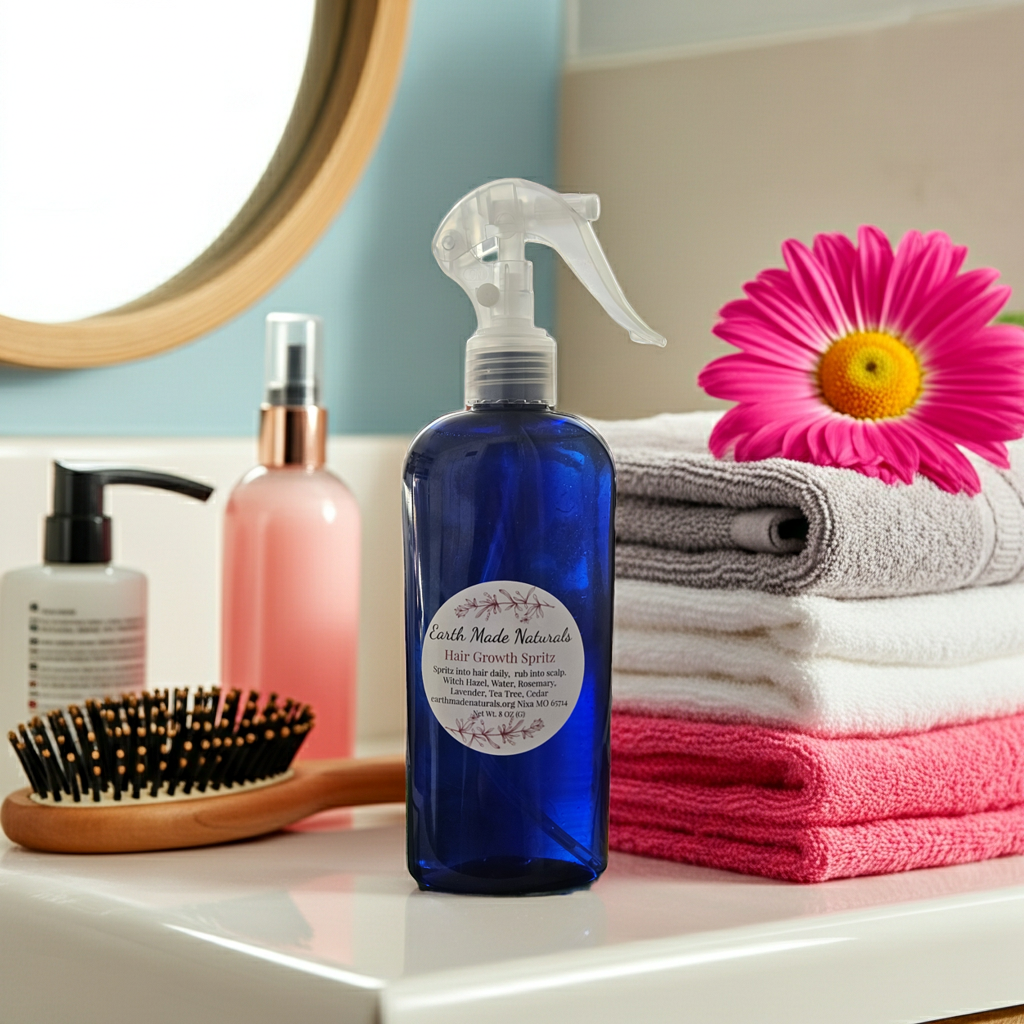Blue spray bottle with a label on a bathroom counter with towels and a flower.